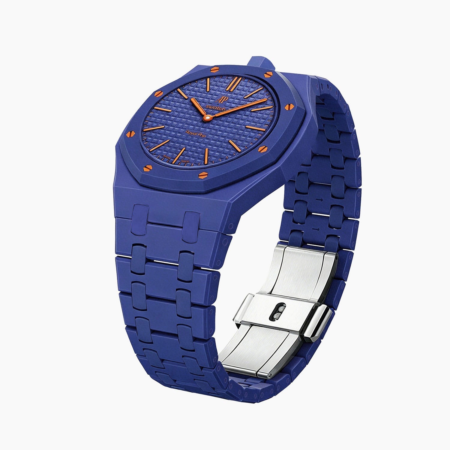 Orenji Hachi Swatch × AP Royal Pop Ceramic Case-Strap — the Royal Pop Orenji Hachi seated in our ceramic kit, three-quarter view, by IFL Watches