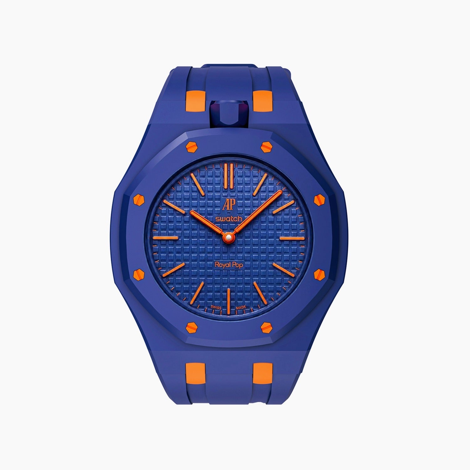 Orenji Hachi Swatch × AP Royal Pop Rubber Case-Strap — deep navy with orange accents kit with the Royal Pop head seated in the case, by IFL Watches