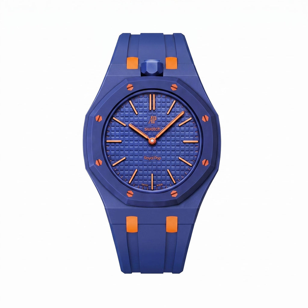 Orenji Hachi Swatch × AP Royal Pop Rubber Case-Strap — deep navy with orange accents kit with the Royal Pop head seated in the case, by IFL Watches