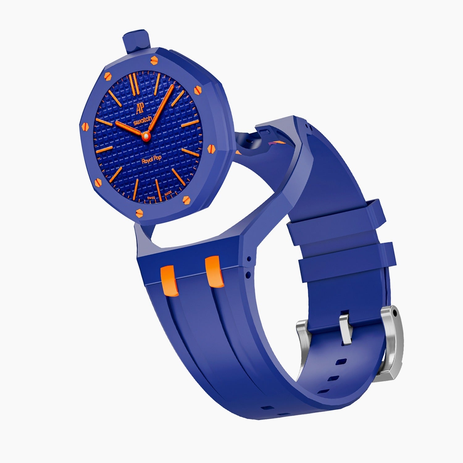 Orenji Hachi Swatch × AP Royal Pop Rubber Case-Strap — case and strap shown separately above the Royal Pop, by IFL Watches