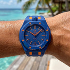 Orenji Hachi Swatch × AP Royal Pop Rubber Case-Strap — worn in a beach scene, by IFL Watches