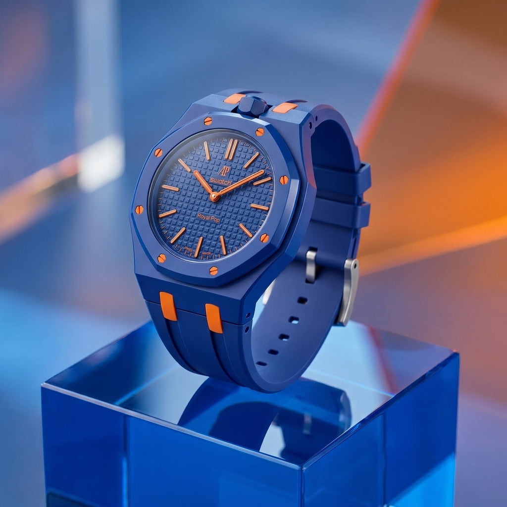 Orenji Hachi Swatch × AP Royal Pop Rubber Case-Strap — worn in a neon scene, by IFL Watches