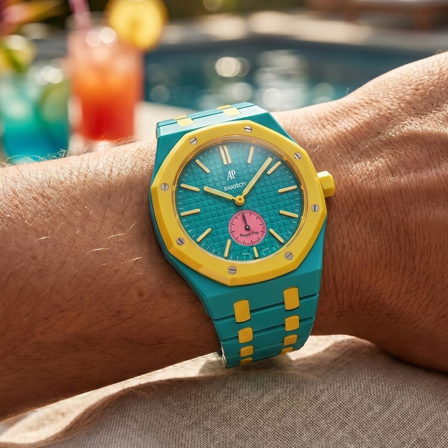 OTG Roz Swatch × AP Royal Pop Ceramic Case-Strap — worn in a cocktails scene, by IFL Watches