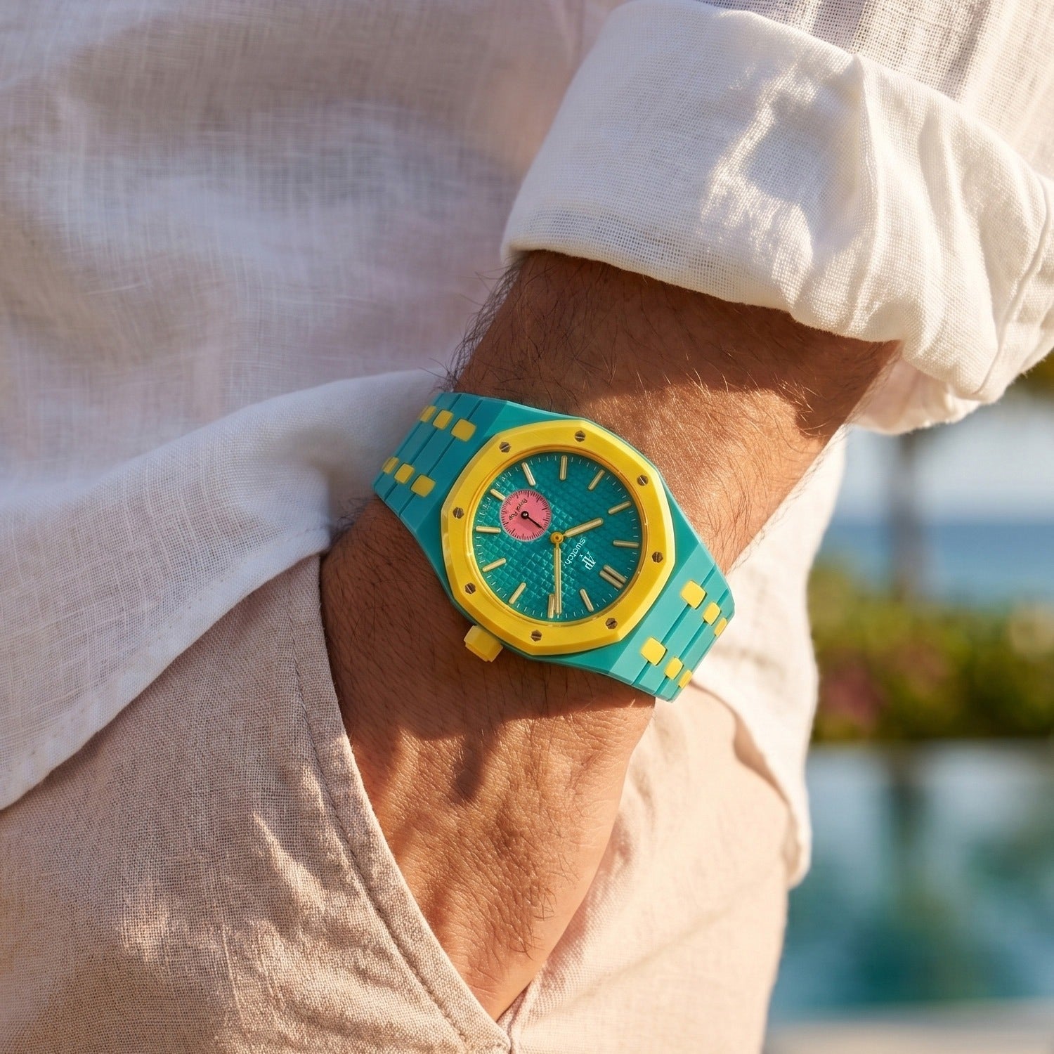 OTG Roz Swatch × AP Royal Pop Ceramic Case-Strap — worn in a pocket scene, by IFL Watches