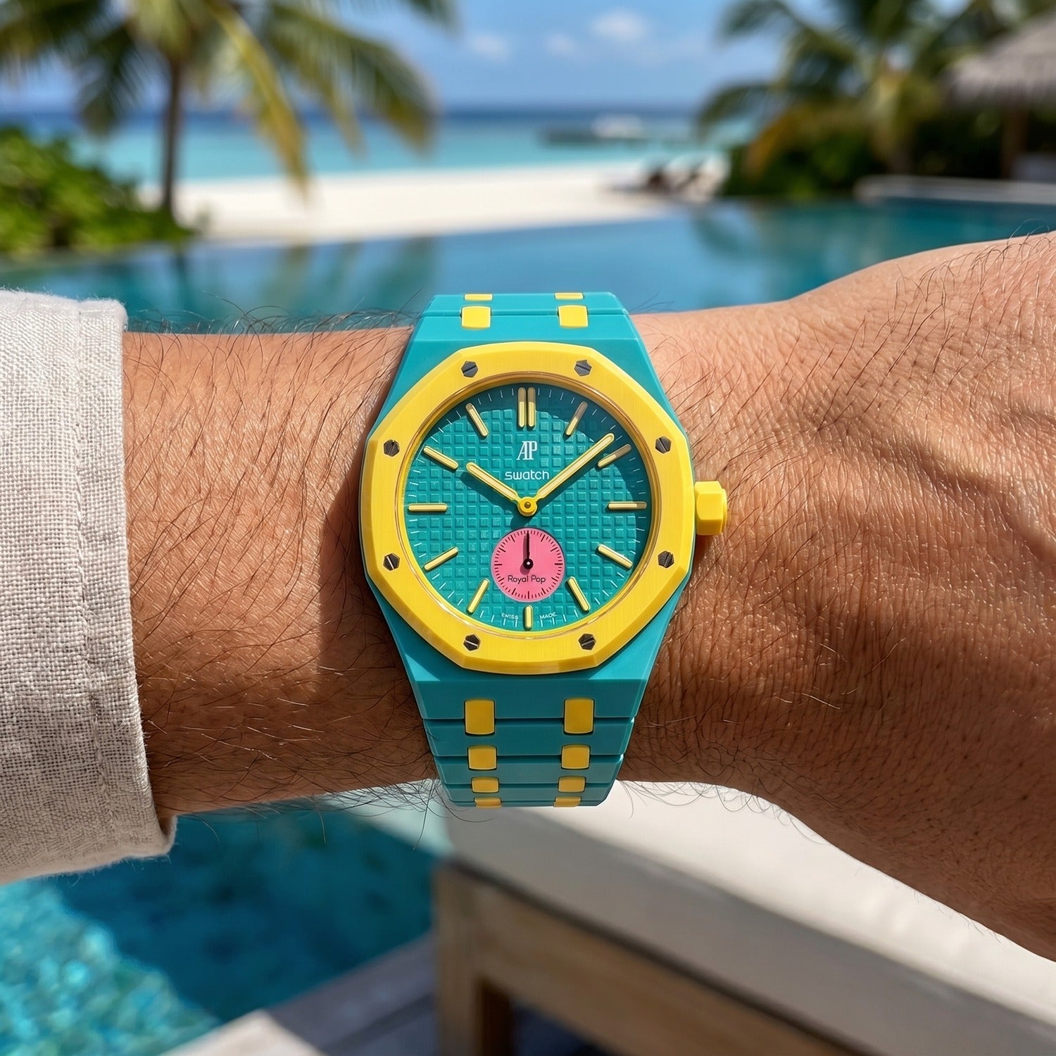OTG Roz Swatch × AP Royal Pop Ceramic Case-Strap — worn in a poolside scene, by IFL Watches