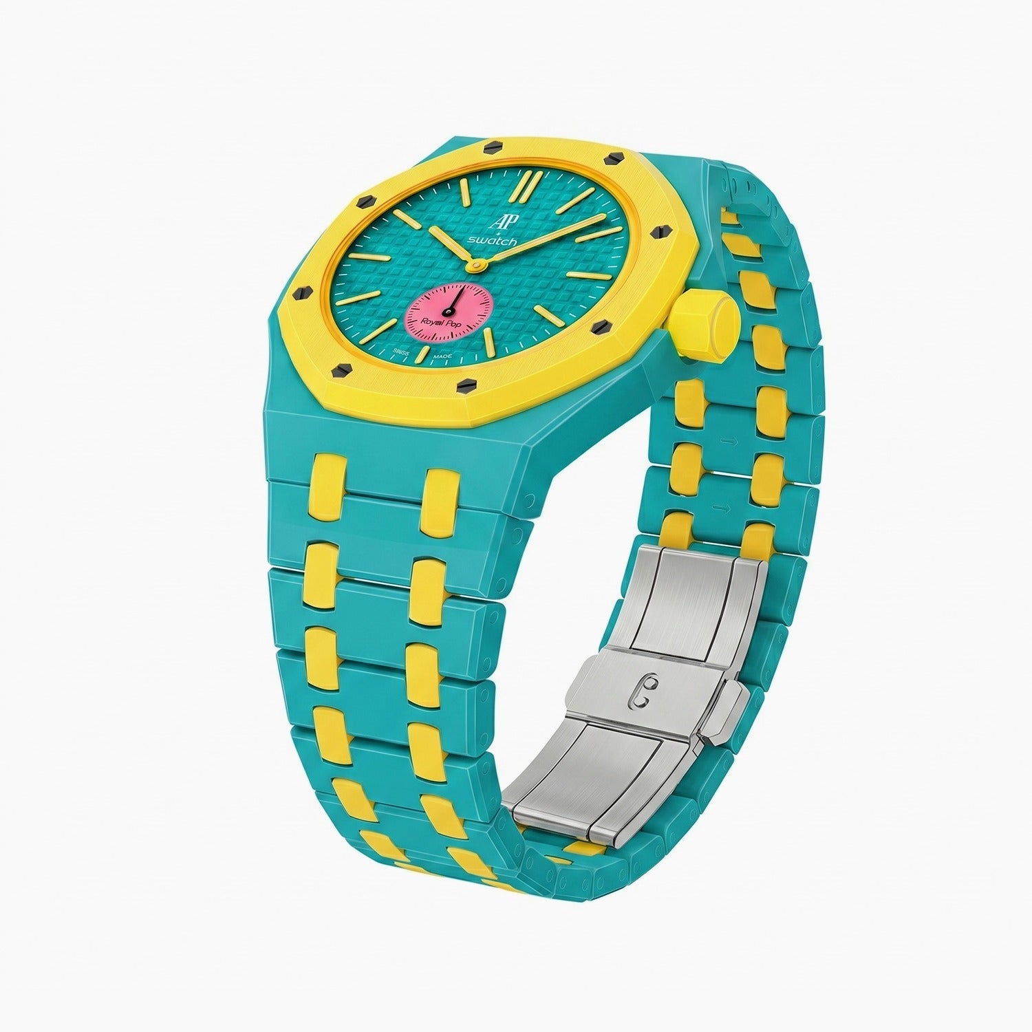 OTG Roz Swatch × AP Royal Pop Ceramic Case-Strap — the Royal Pop OTG Roz seated in our ceramic kit, three-quarter view, by IFL Watches