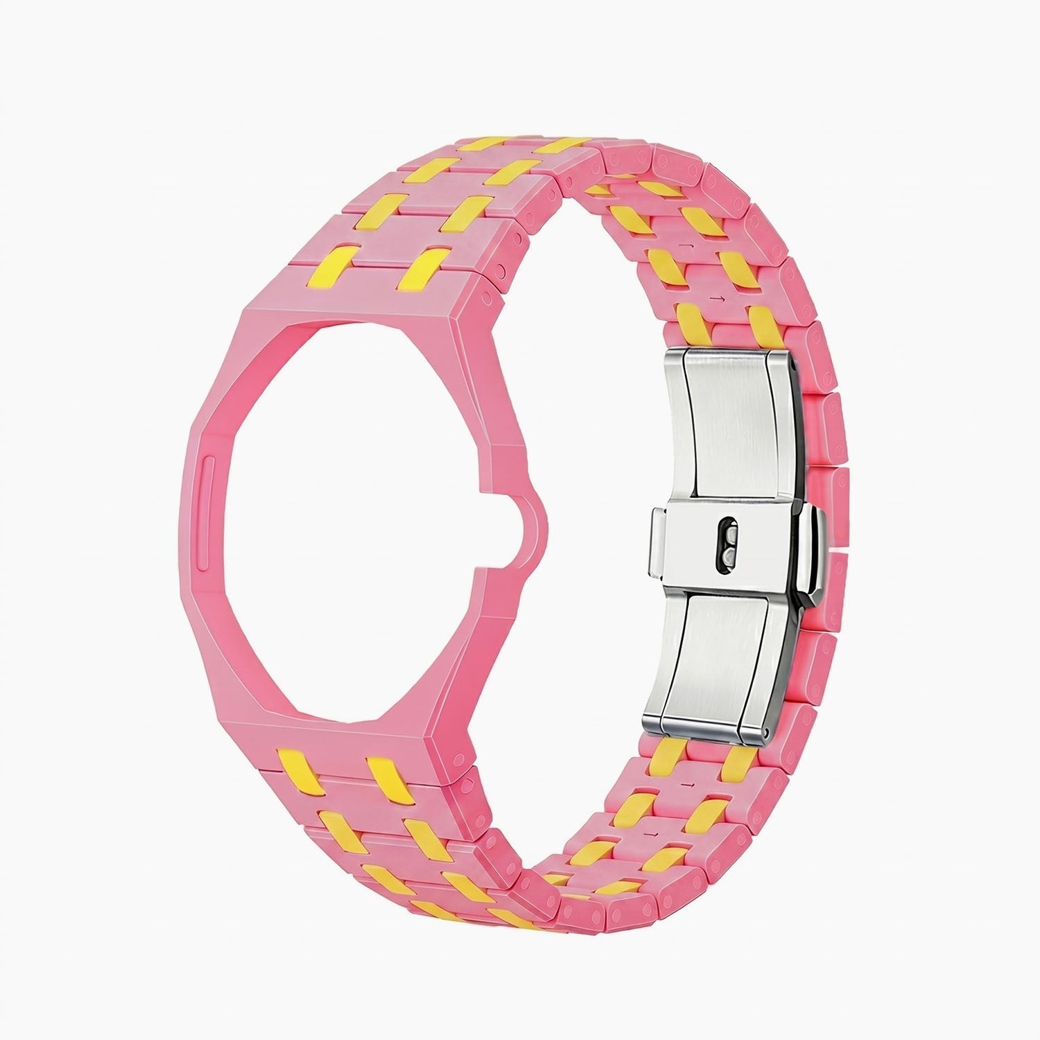 OTG Roz Swatch × AP Royal Pop Ceramic Case-Strap Pink — bare pink ceramic bracelet with empty case bracket, side view, by IFL Watches