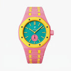 OTG Roz Swatch × AP Royal Pop Ceramic Case-Strap Pink — pink kit with the OTG Roz teal-dial Royal Pop seated in the case, by IFL Watches