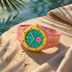 OTG Roz Swatch × AP Royal Pop Ceramic Case-Strap Pink — worn in a poolside scene, by IFL Watches
