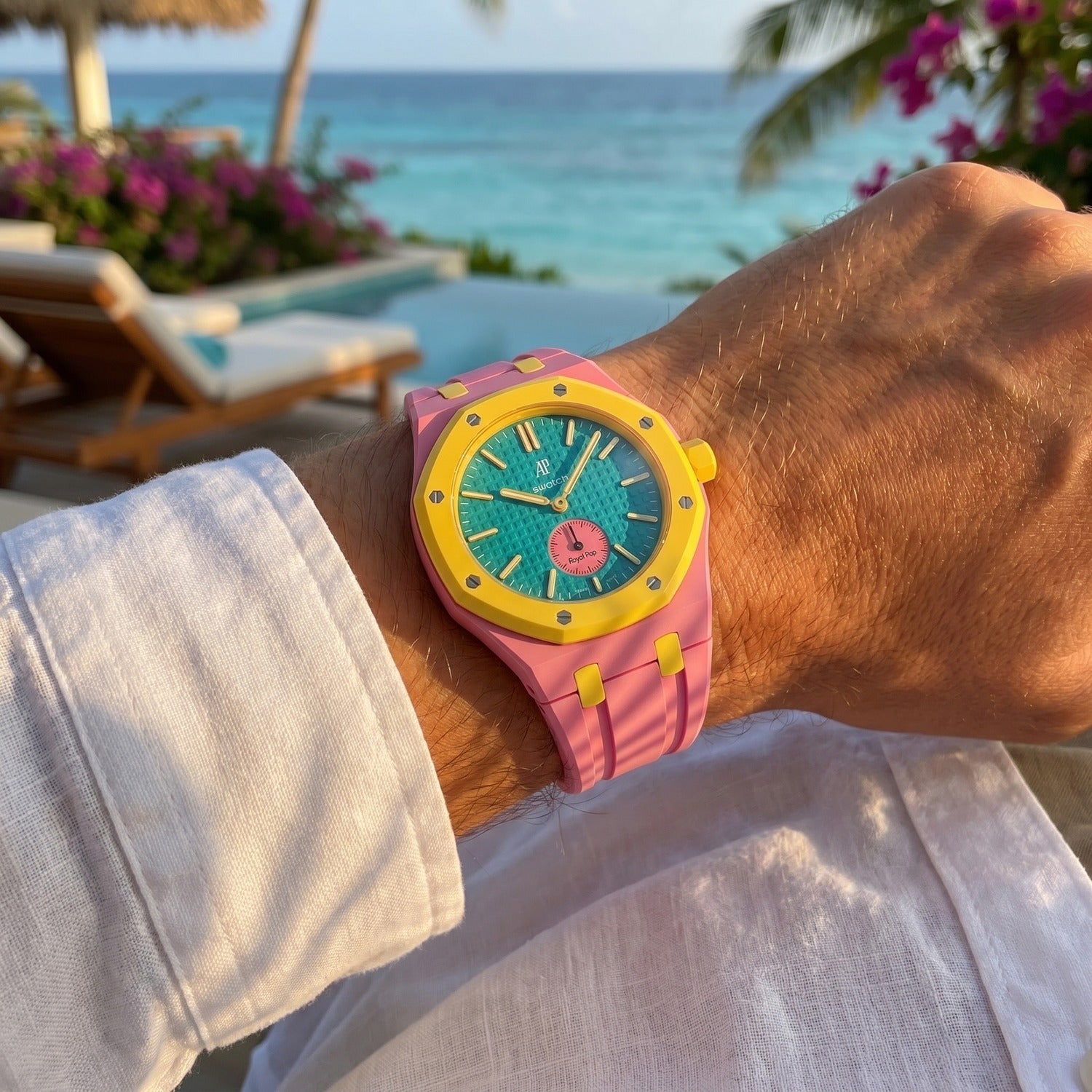 OTG Roz Swatch × AP Royal Pop Rubber Case-Strap — worn in a beach scene, by IFL Watches