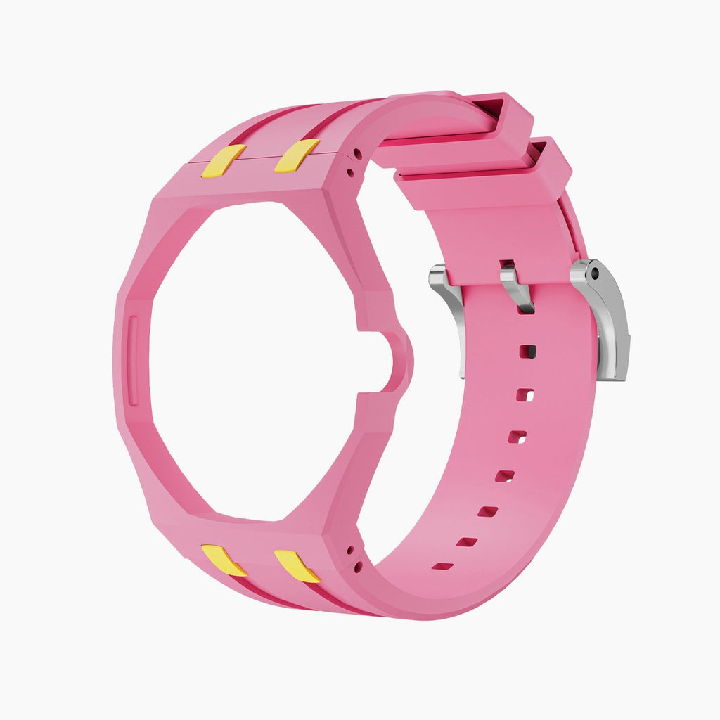 OTG Roz Swatch × AP Royal Pop Rubber Case-Strap — bare playful pink-and-teal with a yellow bezel rubber strap with empty case bracket, by IFL Watches