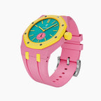 OTG Roz Swatch × AP Royal Pop Rubber Case-Strap — the Royal Pop OTG Roz seated in our rubber kit, three-quarter view, by IFL Watches