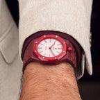 Otto Rosso Swatch × AP Royal Pop Bioceramic Case-Strap — worn in a lounge scene, by IFL Watches