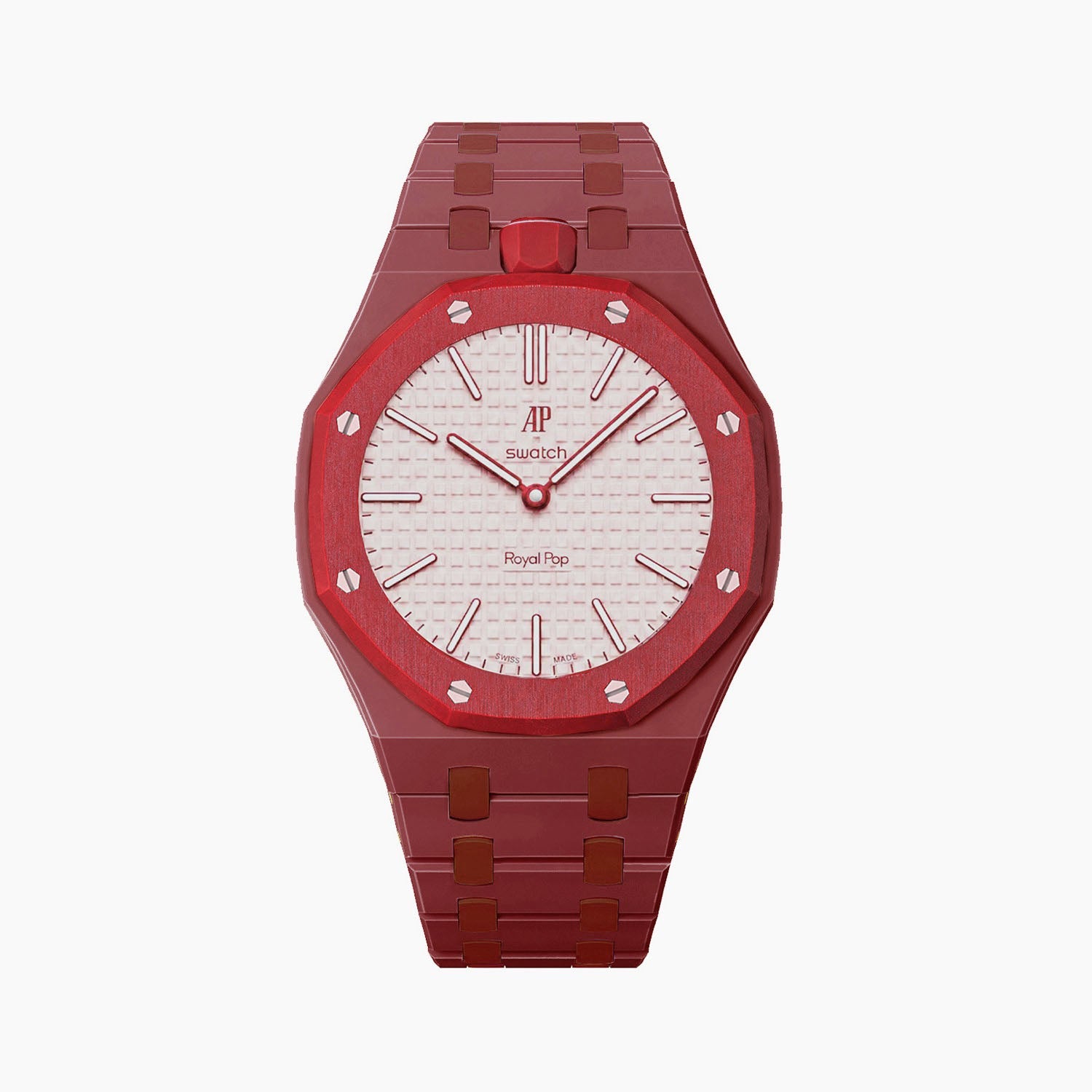 Otto Rosso Swatch × AP Royal Pop Ceramic Case-Strap — soft pink with a red bezel kit with the Royal Pop head seated in the case, by IFL Watches