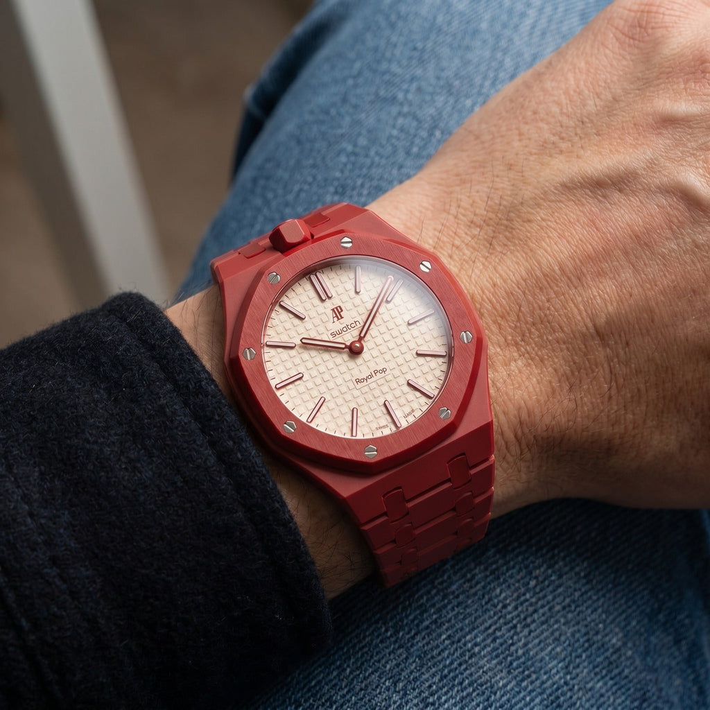 Otto Rosso Swatch × AP Royal Pop Ceramic Case-Strap — worn in a lounge scene, by IFL Watches