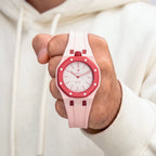 Otto Rosso Swatch × AP Royal Pop Rubber Case-Strap — the Royal Pop Otto Rosso seated in our rubber kit, three-quarter view, by IFL Watches