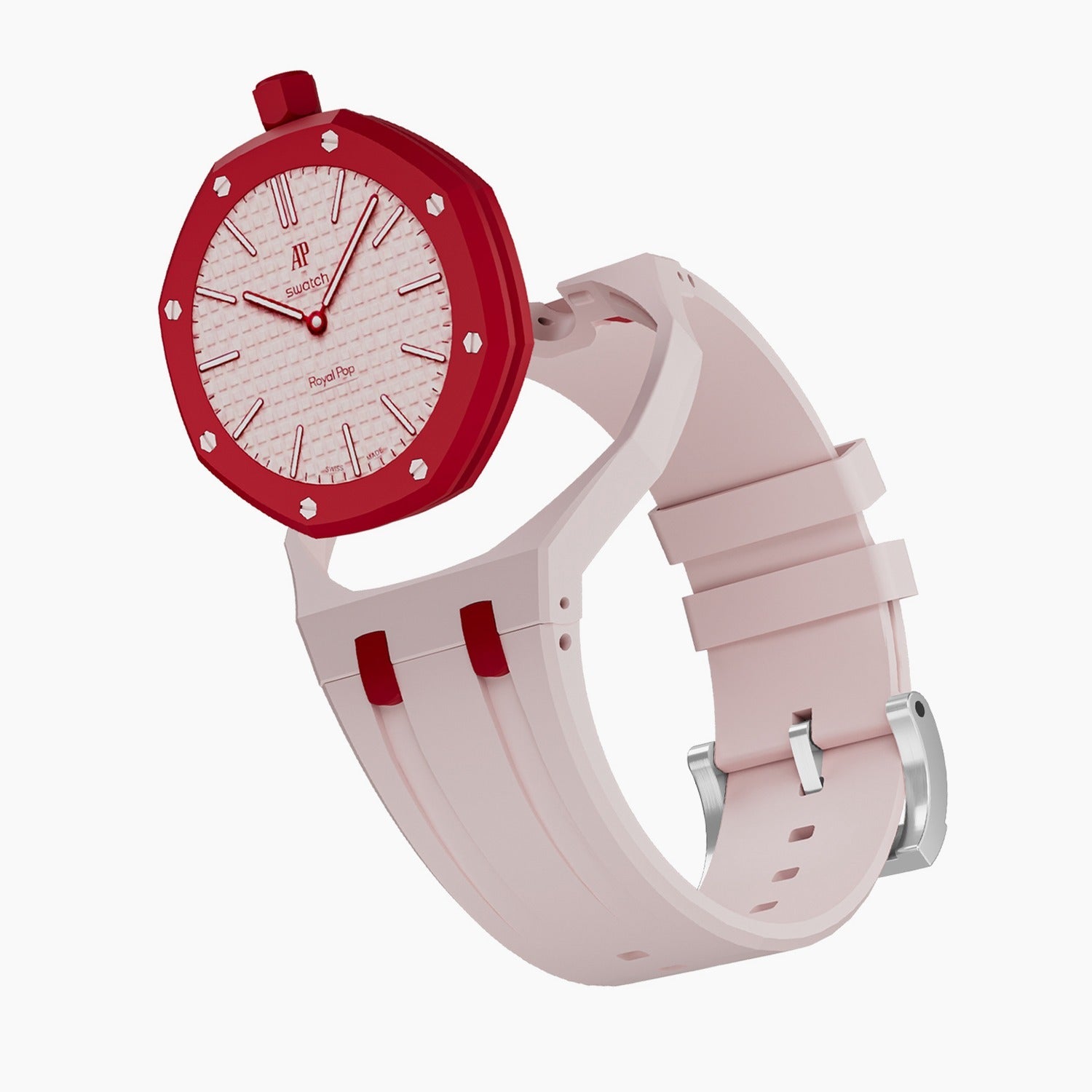 Otto Rosso Swatch × AP Royal Pop Rubber Case-Strap — case and strap shown separately above the Royal Pop, by IFL Watches