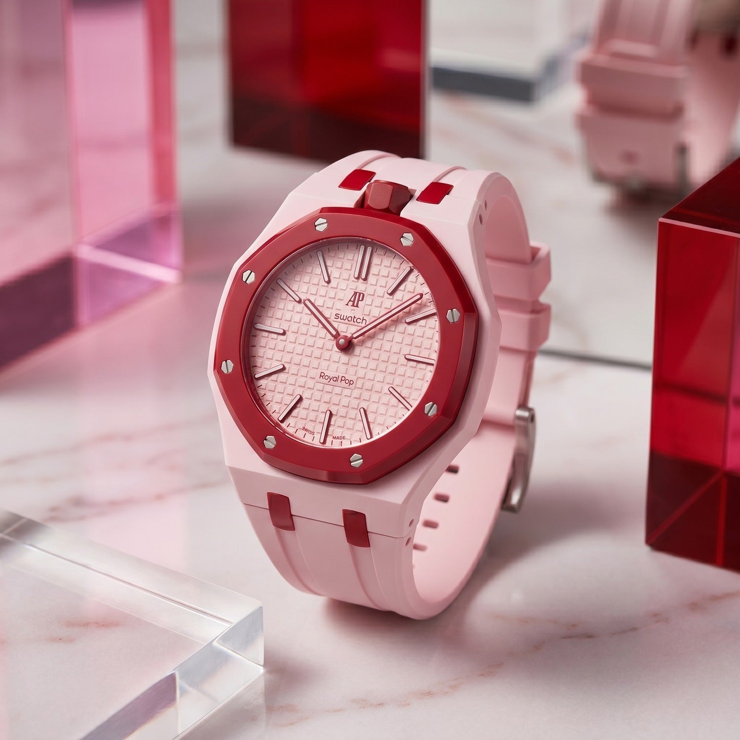 Otto Rosso Swatch × AP Royal Pop Rubber Case-Strap — worn in a marble scene, by IFL Watches