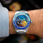 Out of Order Shaker Happy Hour — Worn on the wrist, showing the three-ring signature at twelve beneath club light beams, limited edition by IFL Watches