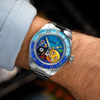 Out of Order Shaker Happy Hour — On the wrist at an angle, showing two martini glasses and a dancer in red, custom limited edition by IFL Watches