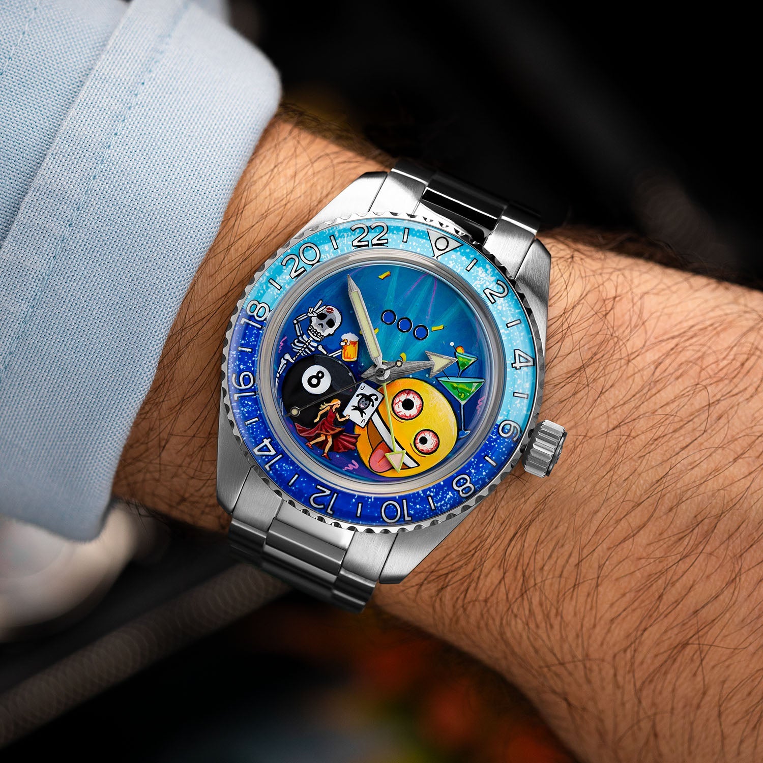 Out of Order Shaker Happy Hour — On the wrist at an angle, showing two martini glasses and a dancer in red, custom limited edition by IFL Watches