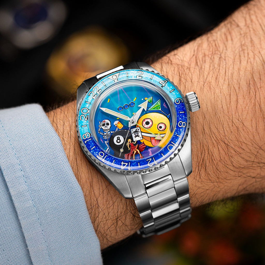 Out of Order Shaker Happy Hour — Painted dial catching the light on a steel bracelet, customized limited edition by IFL Watches