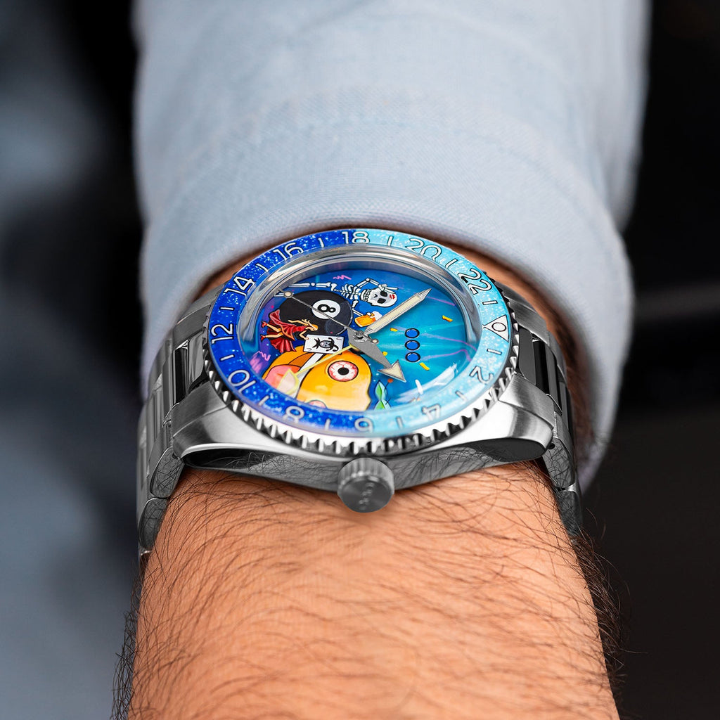 Out of Order Shaker Happy Hour — Low profile view on the wrist showing the crown and case side, hand-painted limited edition by IFL Watches