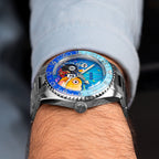 Out of Order Shaker Happy Hour — Low profile view on the wrist showing the crown and case side, hand-painted limited edition by IFL Watches