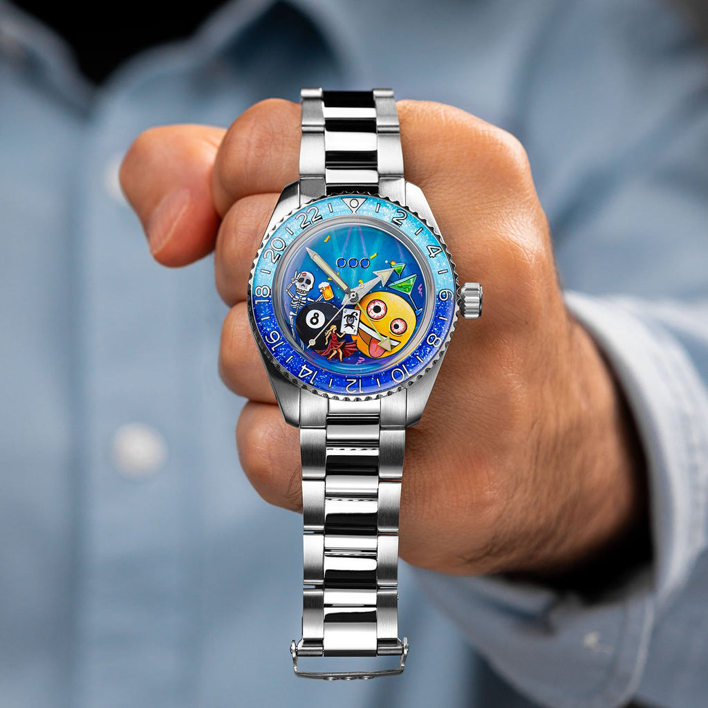 Out of Order Shaker Happy Hour — Held in the hand against a denim shirt, limited edition timepiece by IFL Watches