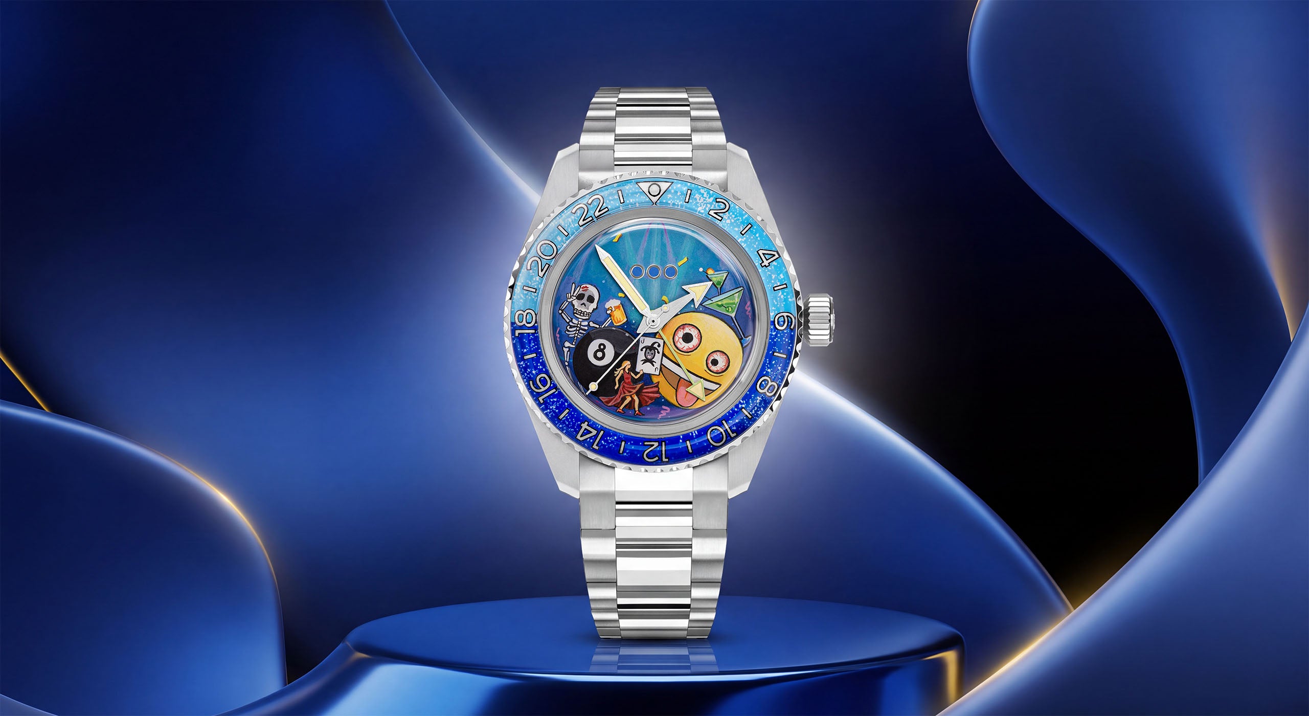 Out of Order Shaker Happy Hour — The painted dial before casing, showing the dancer, the joker card and the yellow face, custom limited edition by IFL Watches