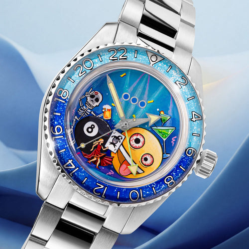 Out of Order Shaker Happy Hour — Detail view of the hand-painted dial with a skeleton raising a beer beside an eight ball, customized limited edition by IFL Watches