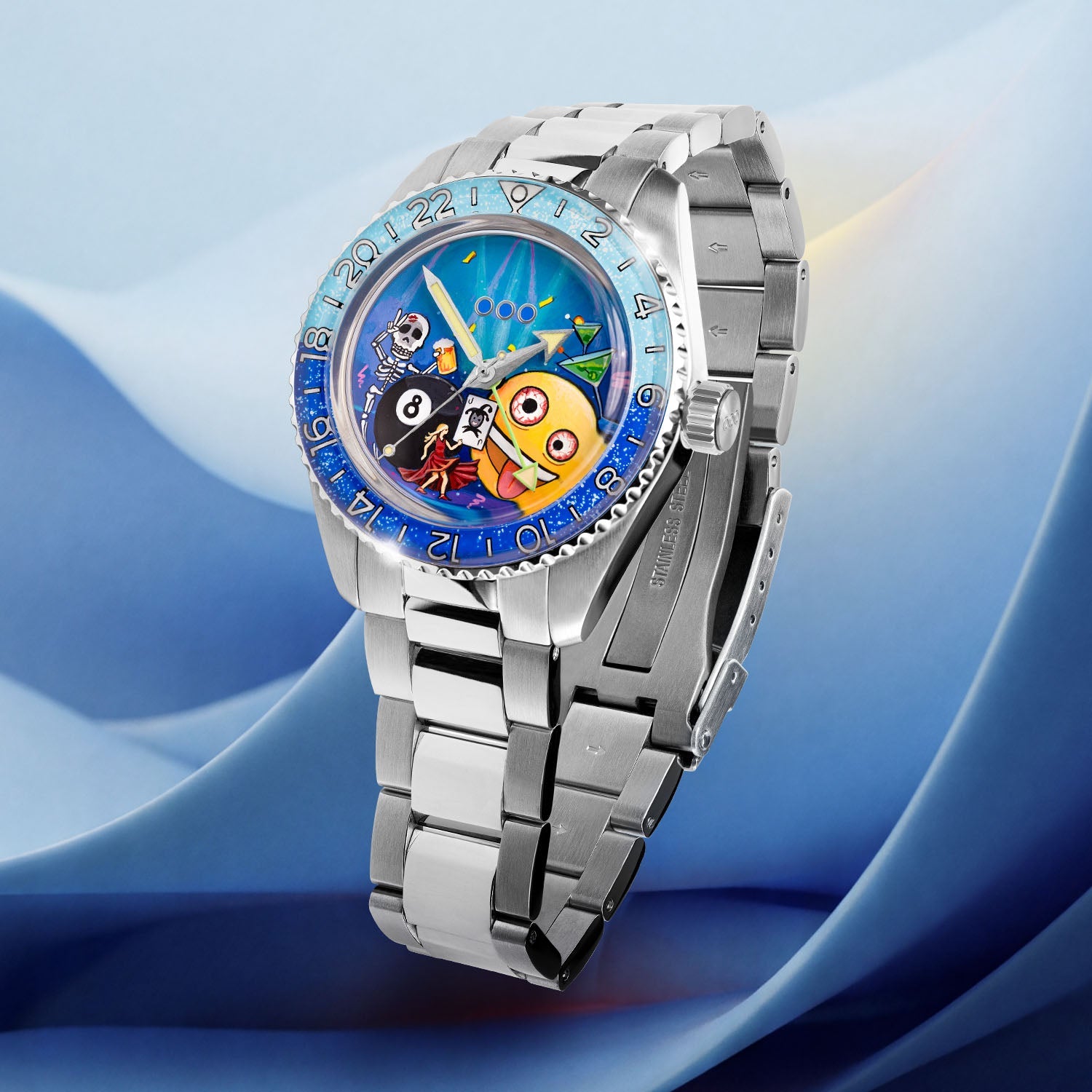 Out of Order Shaker Happy Hour — Steel case and bracelet framed by the graduated blue 24-hour bezel, hand-painted limited edition by IFL Watches