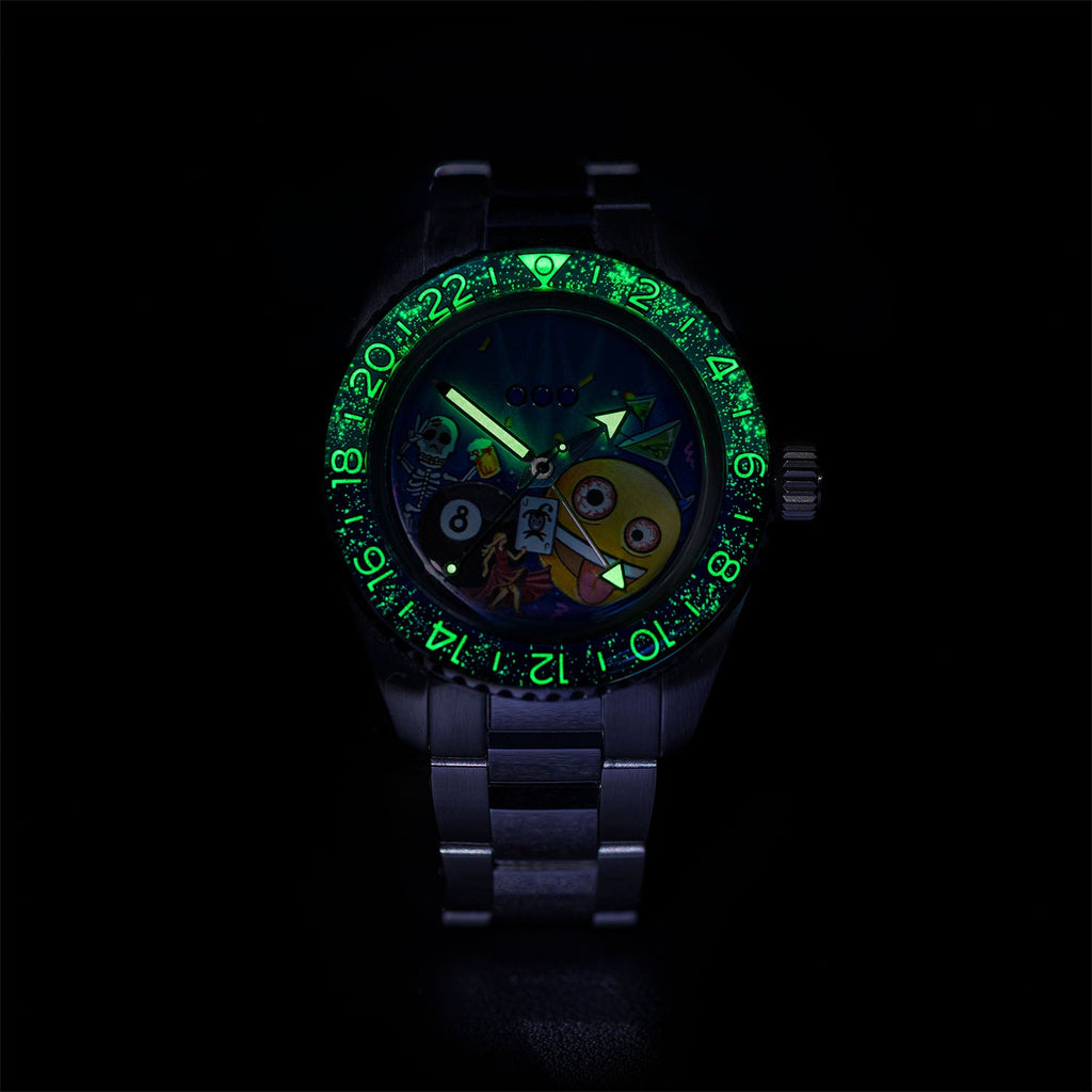 Out of Order Shaker Happy Hour — Bezel numerals and markers glowing green in the dark, customized limited edition by IFL Watches