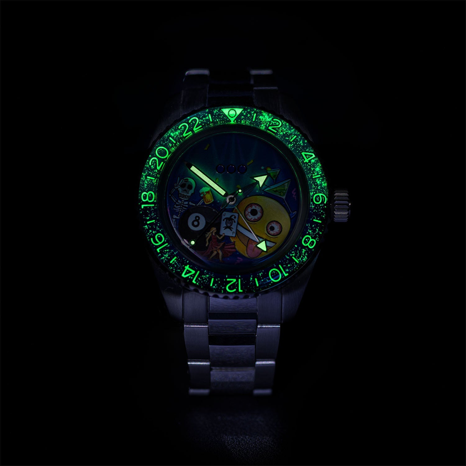 Out of Order Shaker Happy Hour — Bezel numerals and markers glowing green in the dark, customized limited edition by IFL Watches