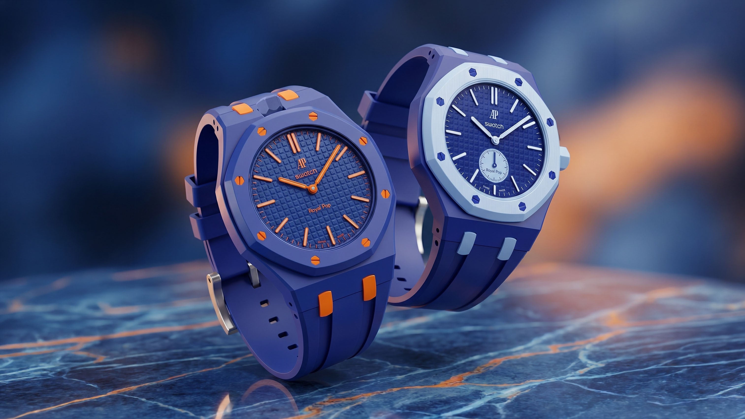 AP × Swatch Royal Pop Case-Strap — blue colourway pair, commercial close-up, by IFL Watches