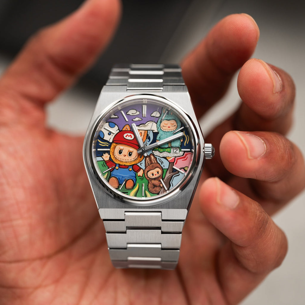 Time BuBu Concept – Hand-painted custom Tissot PRX featuring whimsical forest spirits with toothy grins, a bespoke timepiece by IFL Watches