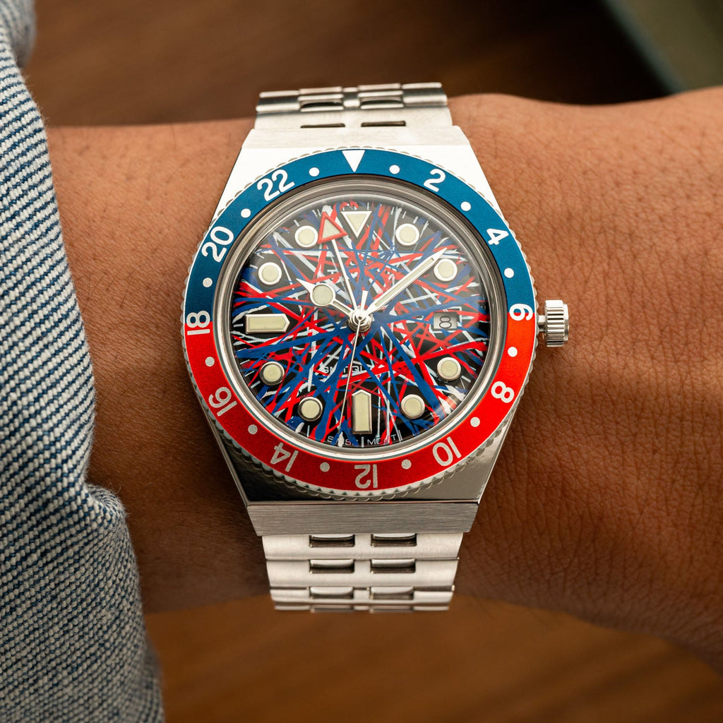 Timex Q GMT Crimson Tide – hand-painted custom Timex Q GMT with red and blue abstract artwork by IFL Watches