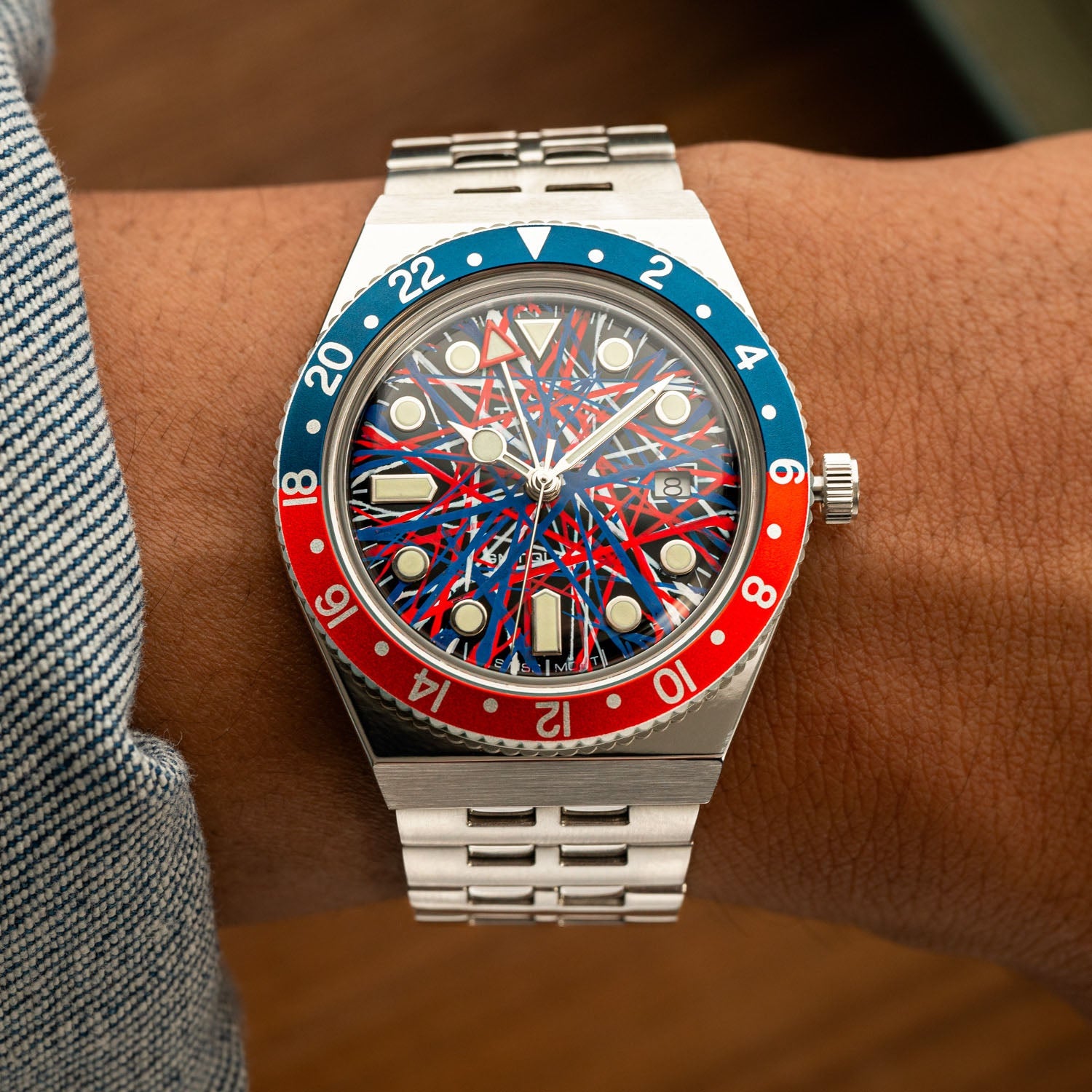 Timex Q GMT Crimson Tide – hand-painted custom Timex Q GMT with red and blue abstract artwork by IFL Watches
