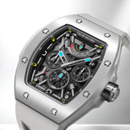 Tsar Bomba Atomic Ghost Grey — Close three-quarter view of the layered skeleton dial with blue and yellow accents, available at IFL Watches.