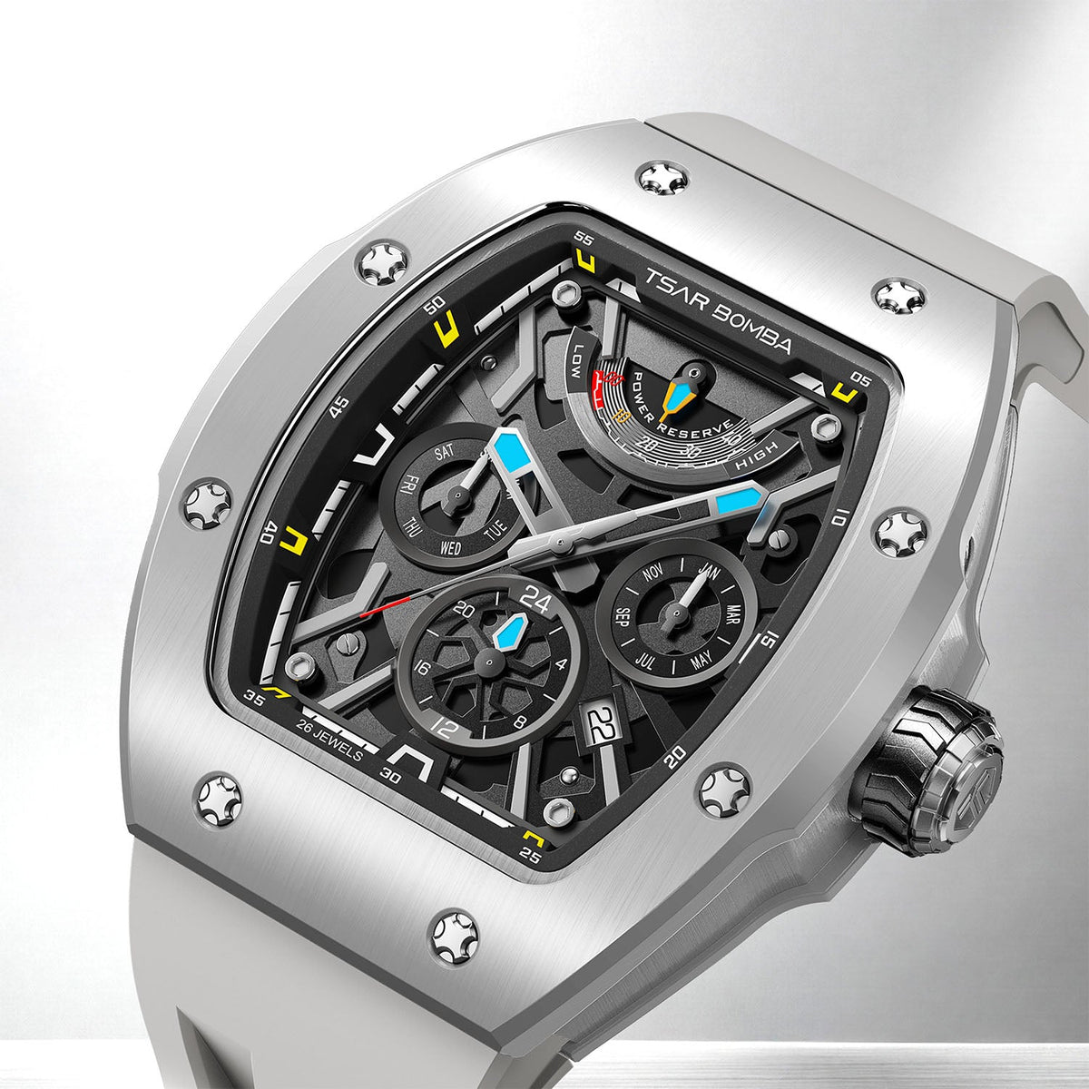 Tsar Bomba Atomic Ghost Grey — Close three-quarter view of the layered skeleton dial with blue and yellow accents, available at IFL Watches.
