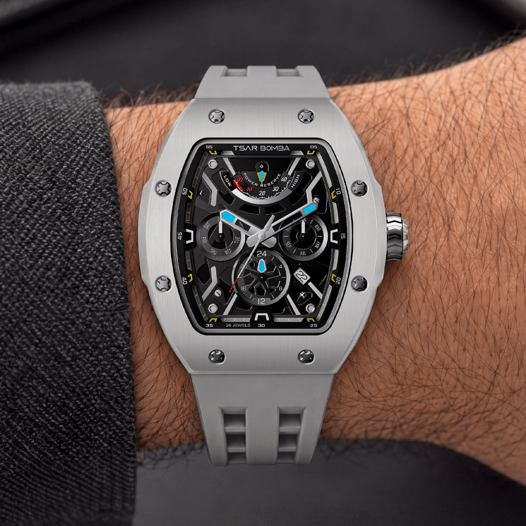 Tsar Bomba Atomic Ghost Grey — Worn on wrist with a knit sleeve, showing the tonneau case, available at IFL Watches.