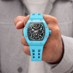 Tsar Bomba Atomic Lake Blue — Held in hand, showing the open-worked dial and screwed bezel, available at IFL Watches.