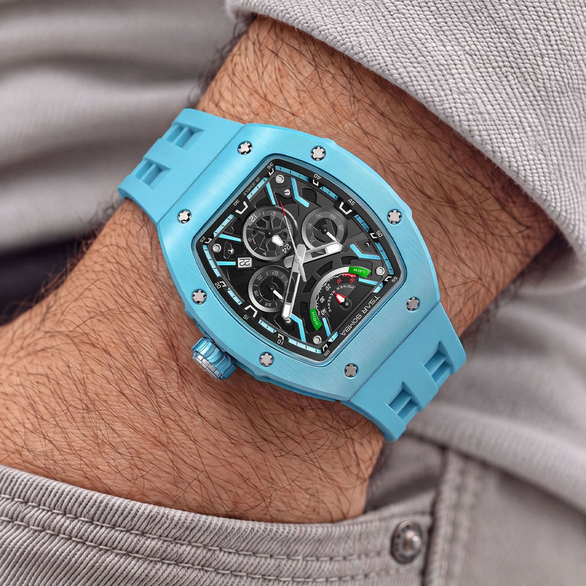 Tsar Bomba Atomic Lake Blue — Worn on wrist with a hand in pocket, seen from a relaxed angle, available at IFL Watches.