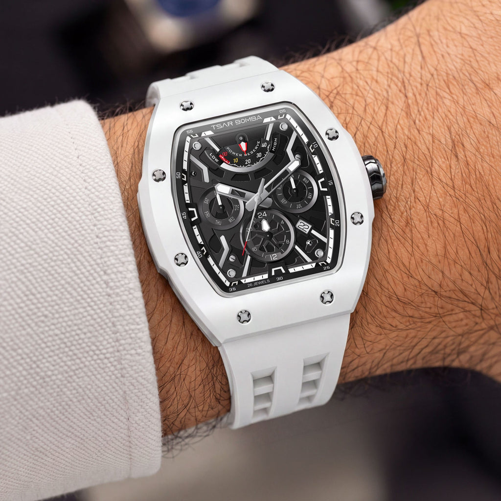 Tsar Bomba Atomic White — Worn on wrist with a knit sleeve, showing the tonneau case, available at IFL Watches.