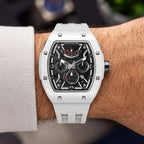 Tsar Bomba Atomic White — Worn on wrist at an angle, showing the crown and sub-dials, available at IFL Watches.