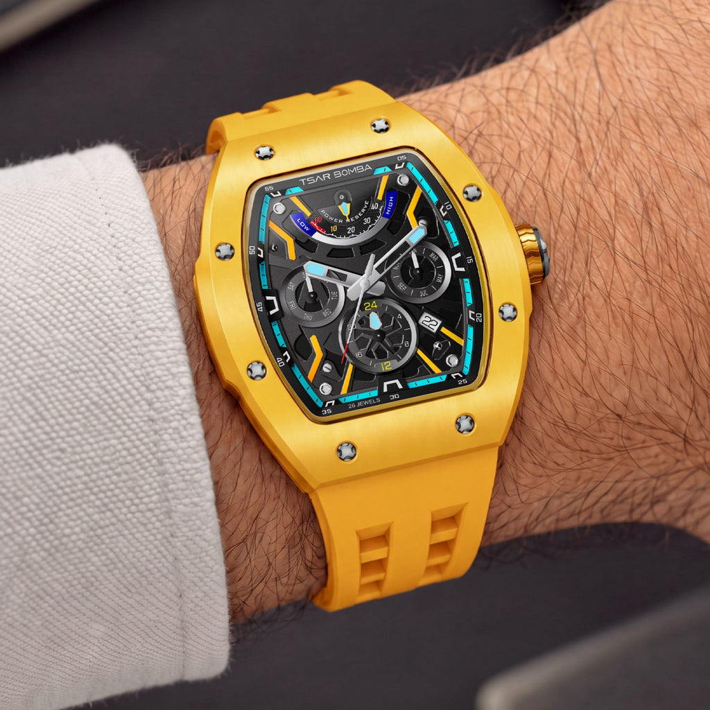 Tsar Bomba Atomic Yellow — Worn on wrist at an angle, showing the crown and sub-dials, available at IFL Watches.