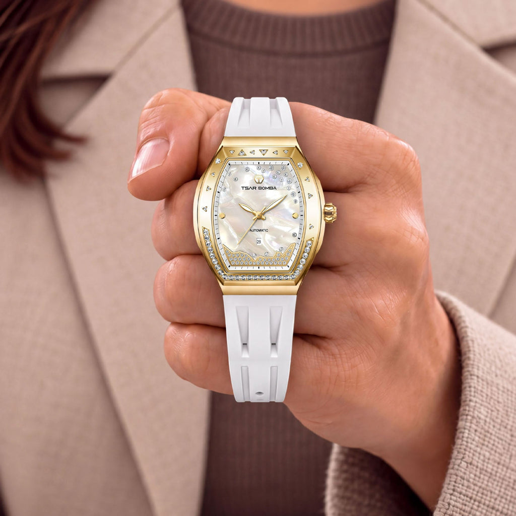 Tsar Bomba Lumina White Gold — Held in hand, showing the diamond-set bezel, available at IFL Watches.