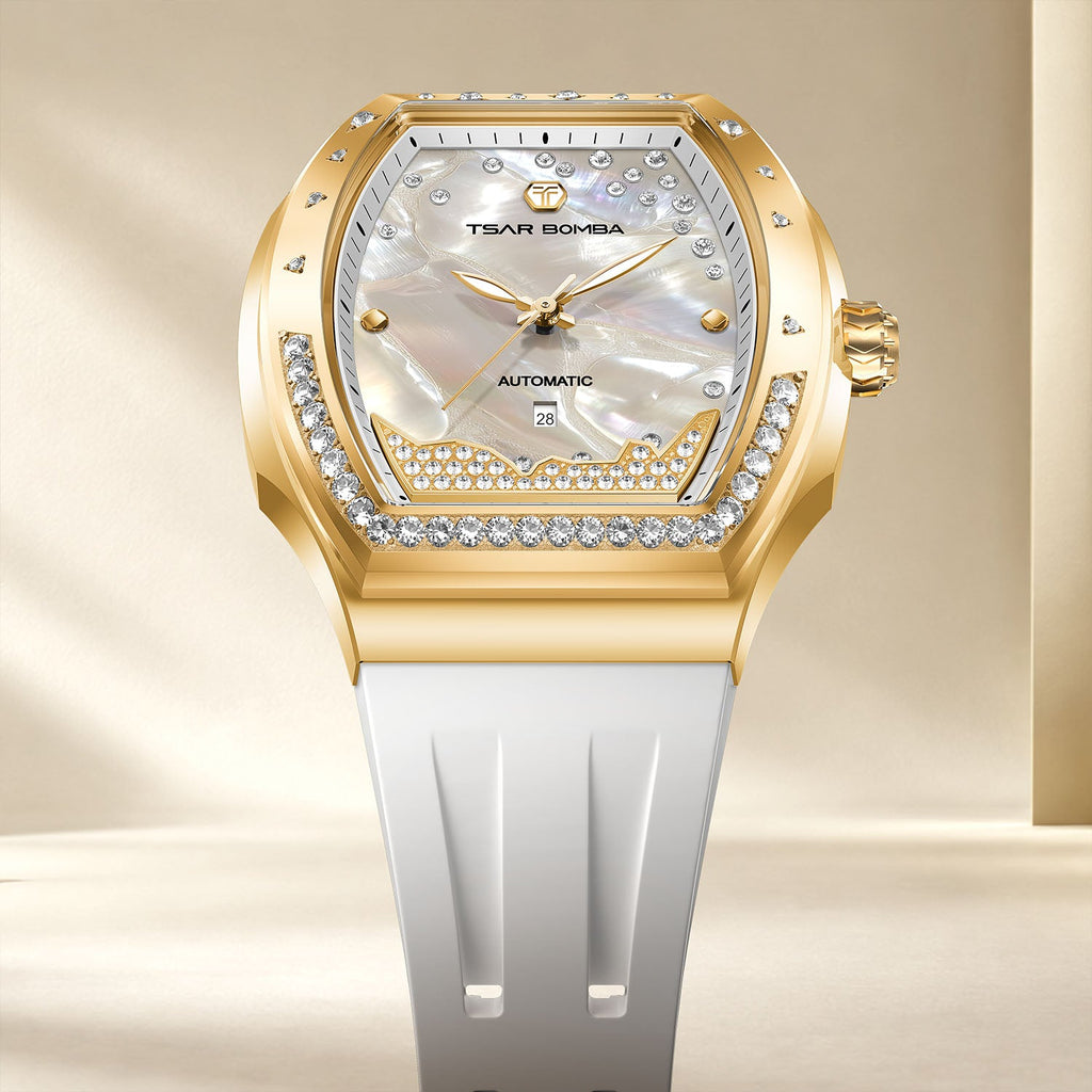 Tsar Bomba Lumina White Gold — Standing in front view against soft drapery, available at IFL Watches.