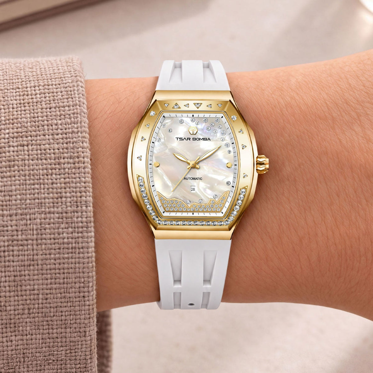 Tsar Bomba Lumina White Gold — Worn on wrist, showing the tonneau case and strap, available at IFL Watches.