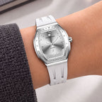 Tsar Bomba Lumina White Silver — Worn on wrist at an angle, showing the crown and bezel stones, available at IFL Watches.